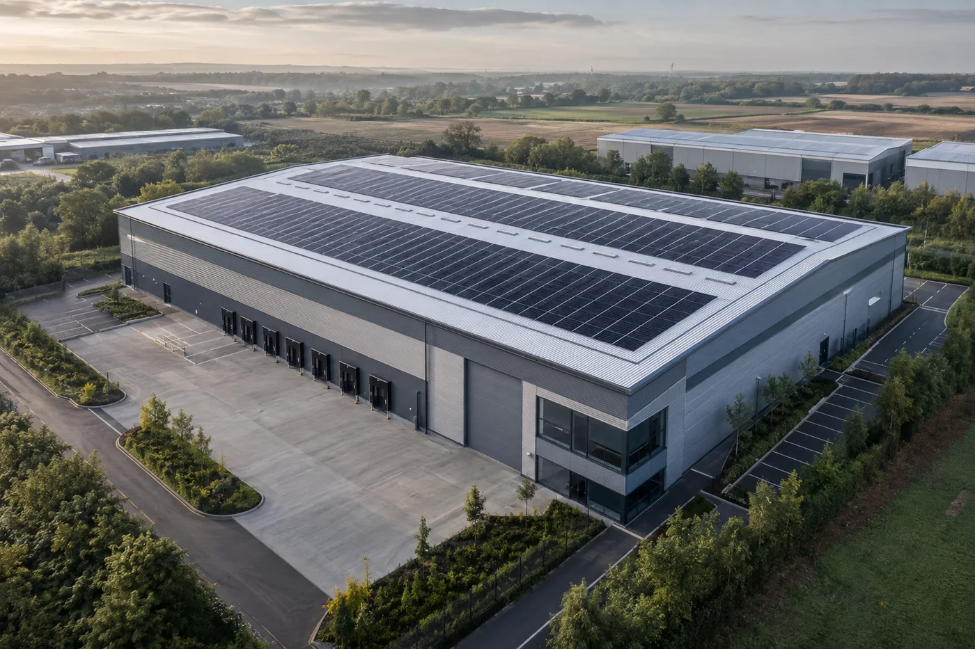 Illustrative commercial building with an array of solar panels across its roof