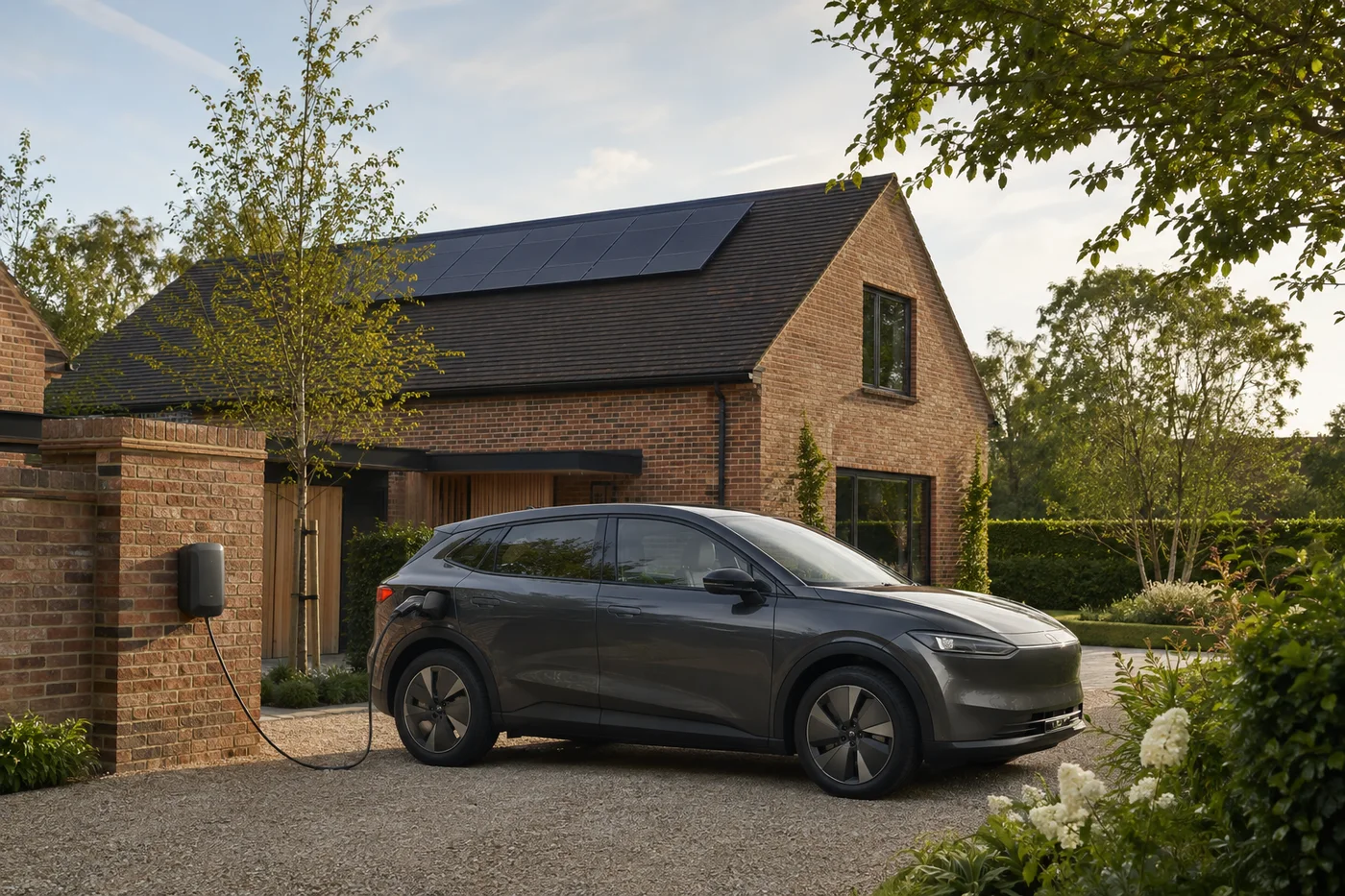 Illustrative electric car connected to a home charger on a private driveway